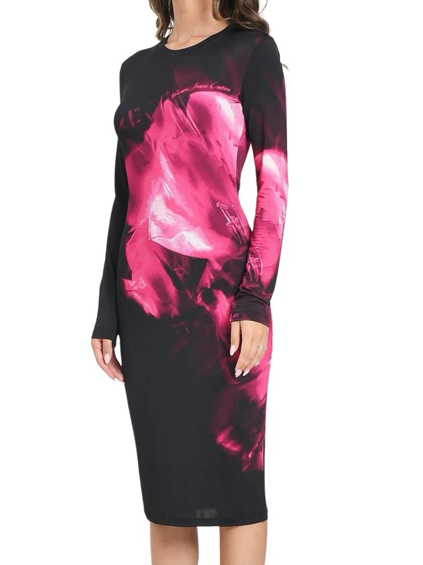 Versace Jeans Couture Body-Hugging Midi Dress With Vibrant Fuchsia Accents