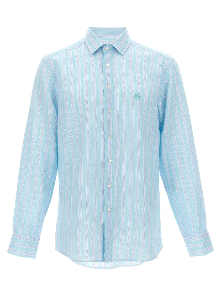 Etro Striped Linen Shirt With Embroidered Pegaso Logo