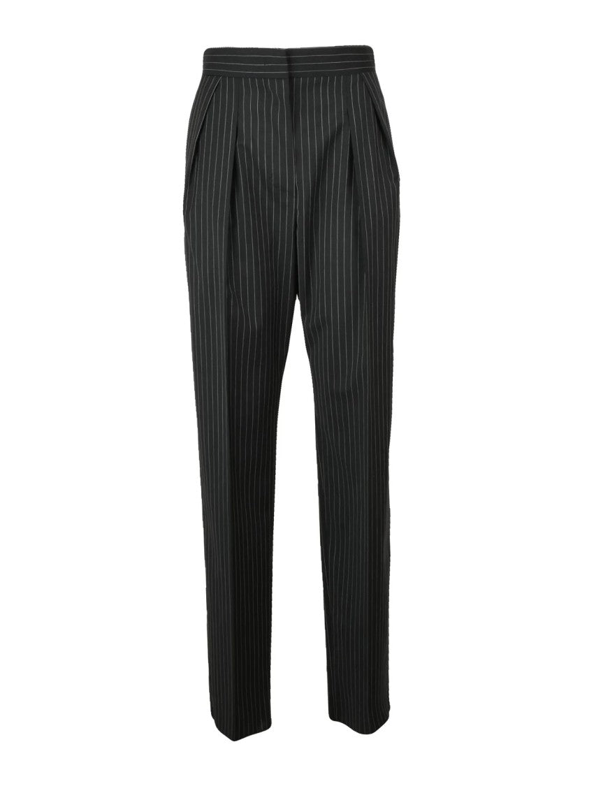 Max Mara Tapered Black Trousers With Subtle White Pinstripes In Virgin Wool