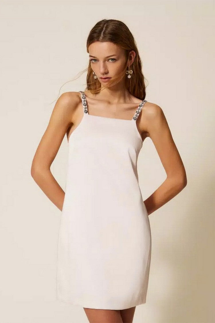 Twin-Set Sand Polyester-Viscose Crystal-Strap Shift Mini Dress