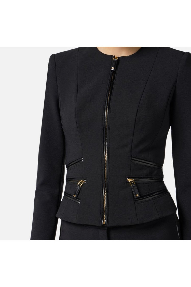 Elisabetta Franchi Black Collarless Corset Zip-Front Polyester-Blend Blazer