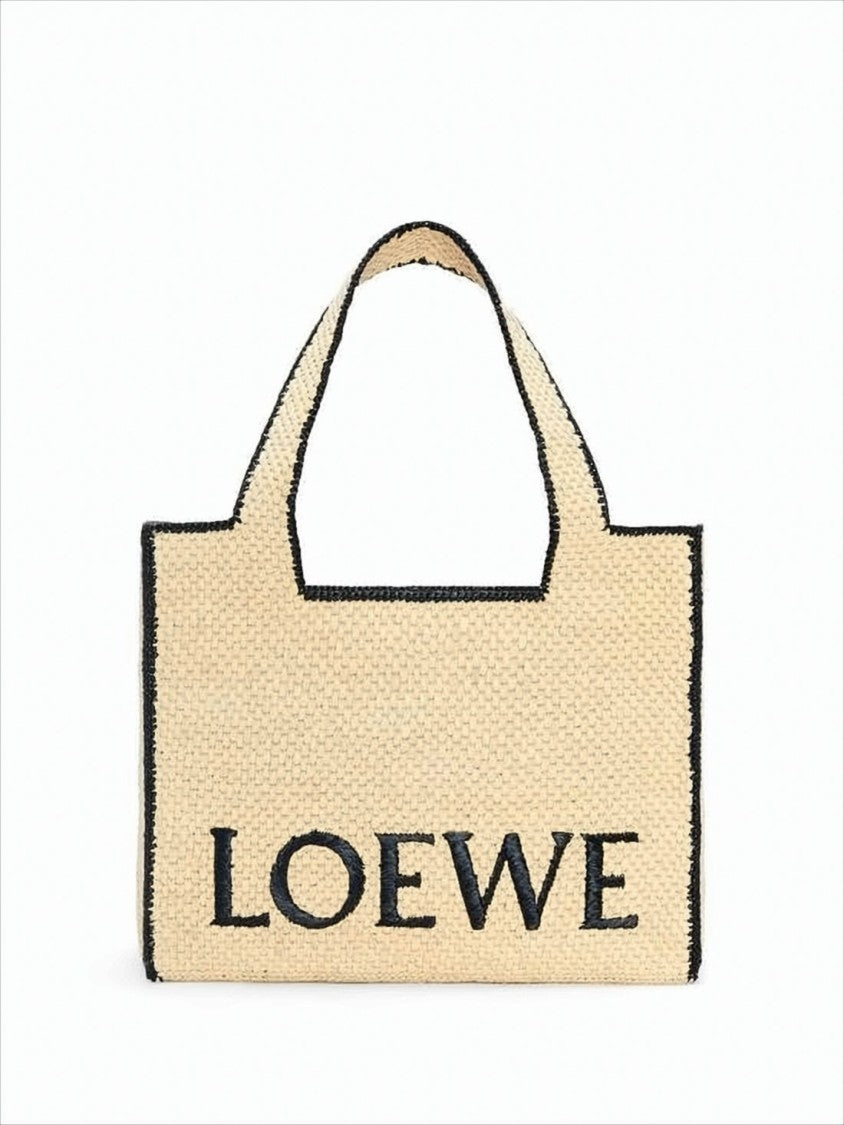 Loewe Woven Raffia Tote Bag With Bold Black Edging