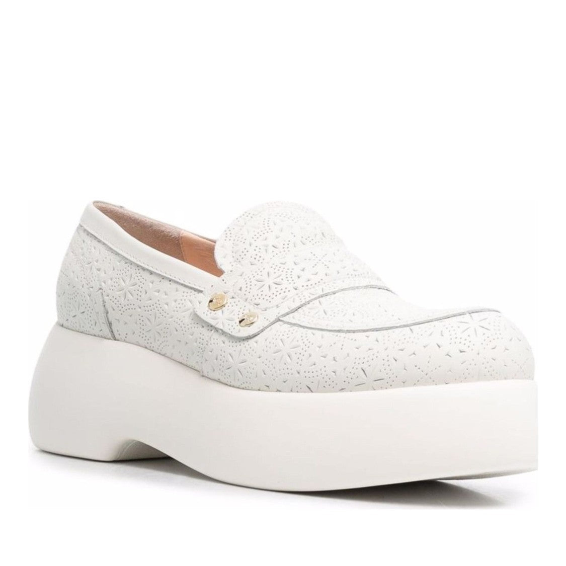 Agl White Puffy Moc Leather Perforated Wedge Flats