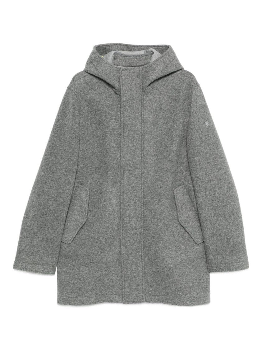 Manuel Ritz Hooded Grey Wool Coat With Flap Pockets And Concealed Closure