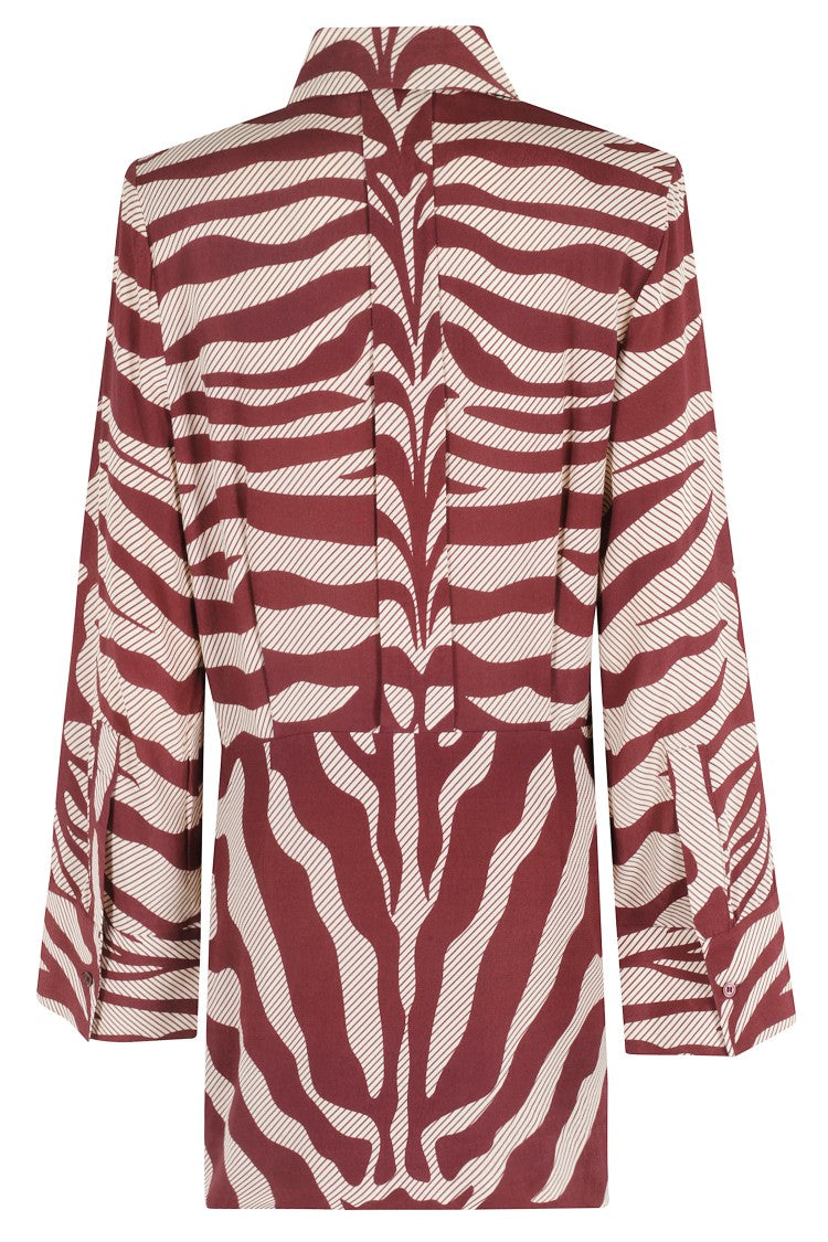 Essentiel Antwerp Ivory And Burgundy Zebra Jacquard Shirt Dress With Rhinestone Button