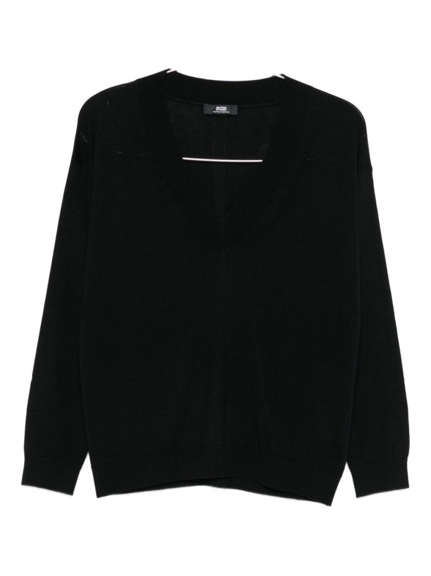 Alpha Studio Black V-Neck Sweater In Silk-Cashmere Blend