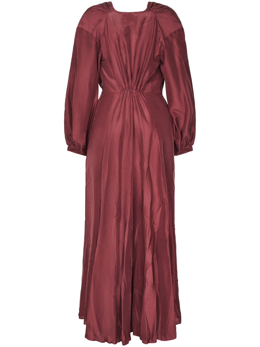 Forte Forte Burgundy Habotai Silk Midi Dress With Puffed Sleeves