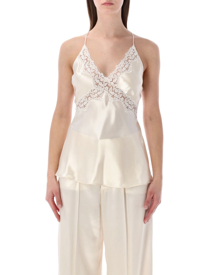Alberta Ferretti Satin Lace Inserts V Neck