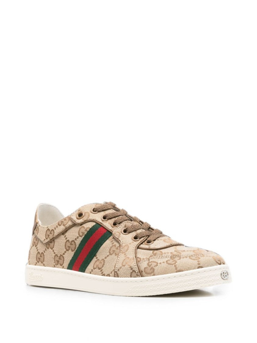 Gucci Beige Monogram Canvas Web Stripe Low-Top Sneakers
