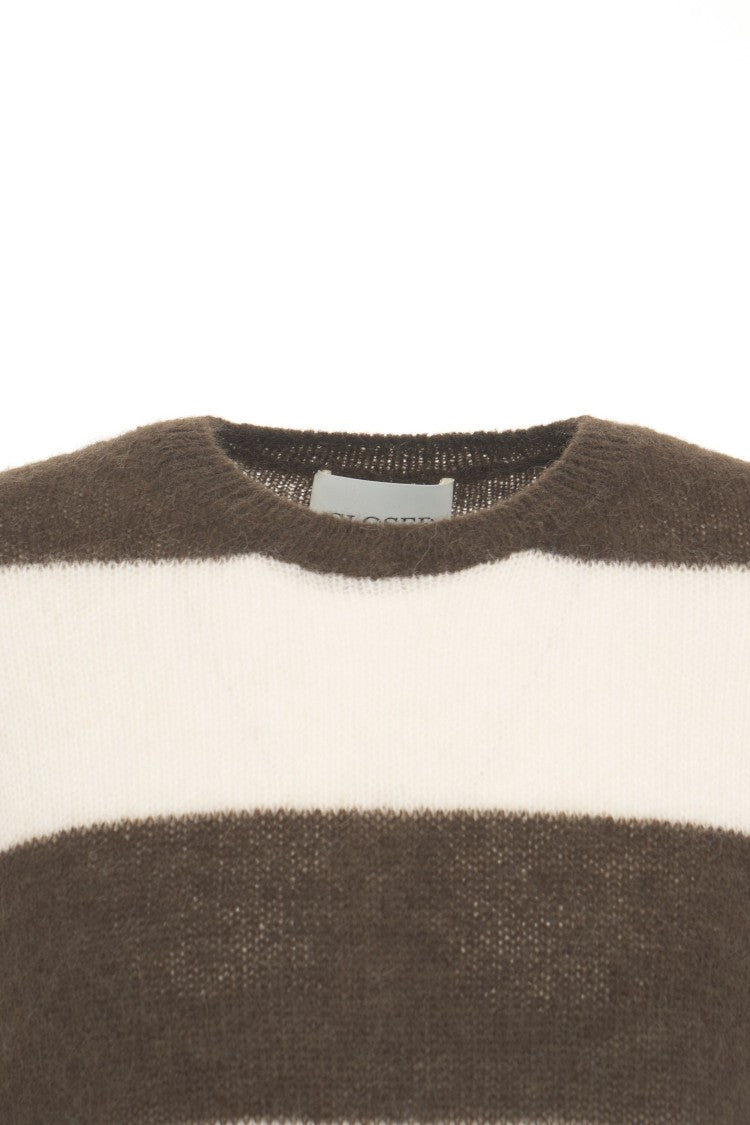 Closed Striped Knit Sweater With Ribbed Details