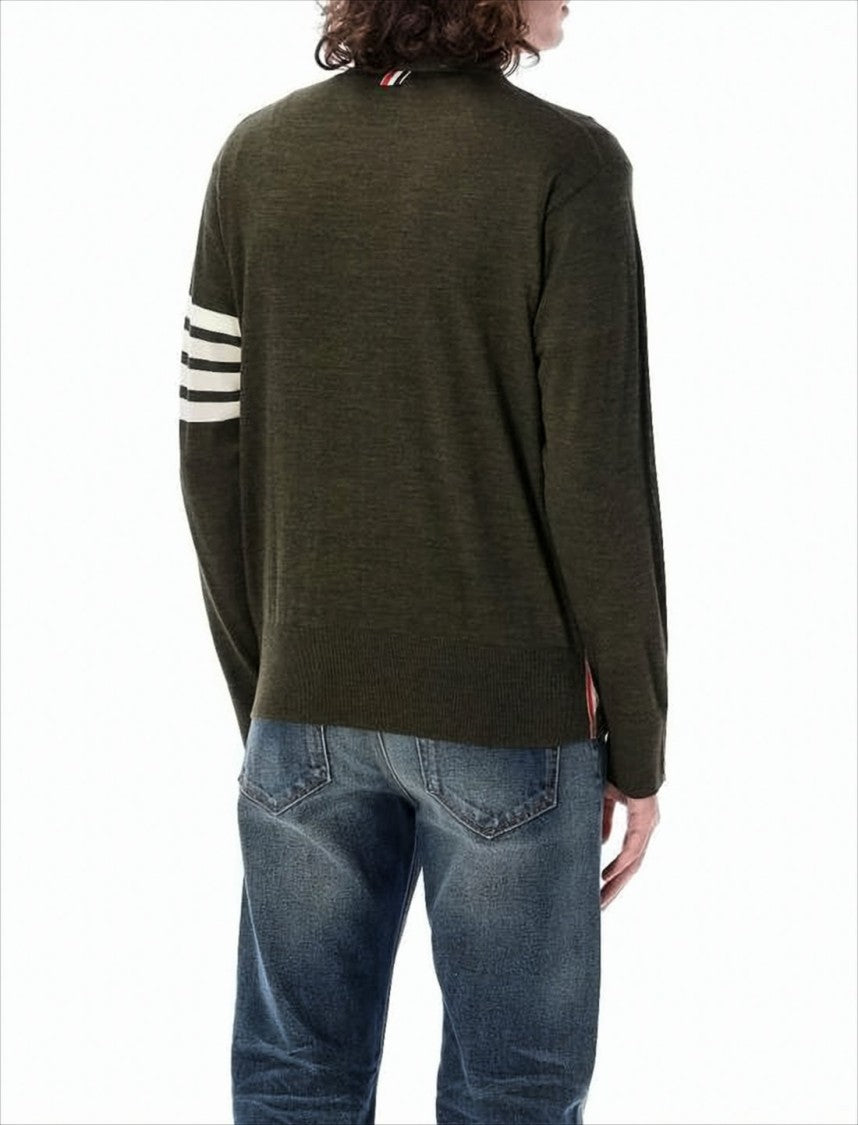 Thom Browne Slim Fit Olive Wool Cardigan With Signature Stripes