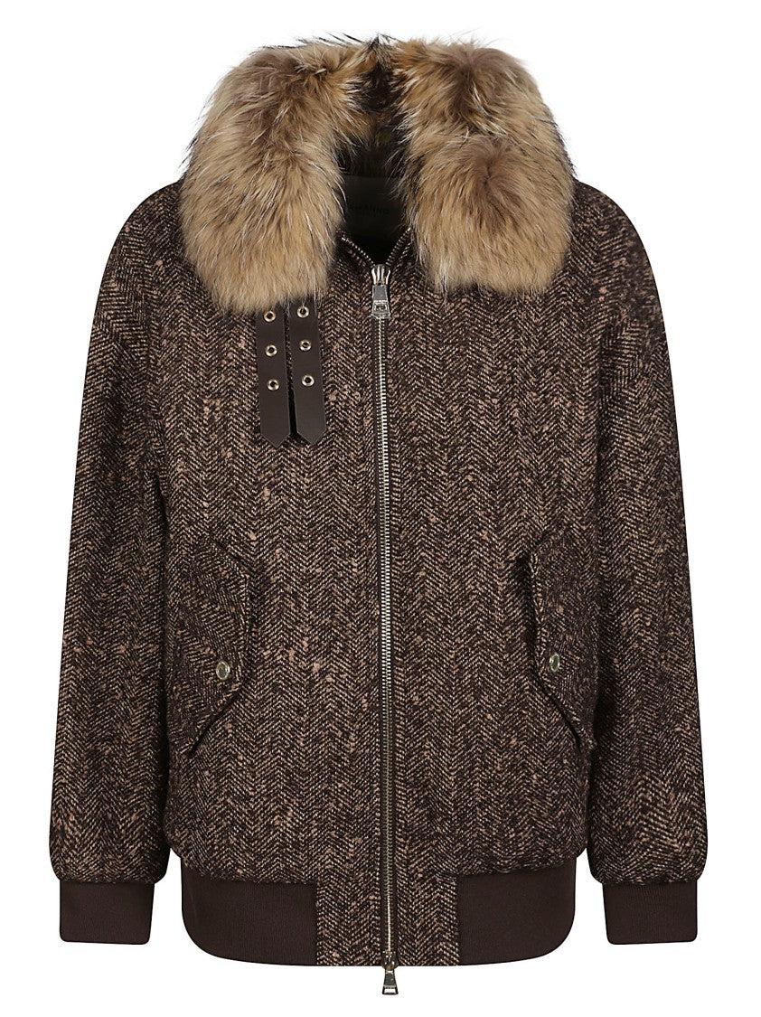 Ermanno Firenze Textured Brown Jacket With Plush Fur Collar And Zip Closure