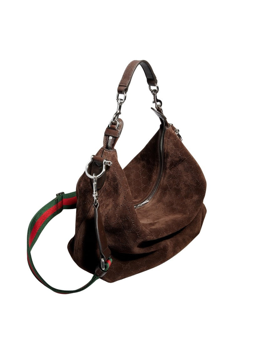 Gucci Perforated Dark Brown Suede Crossbody Bag With Palladium Hardware