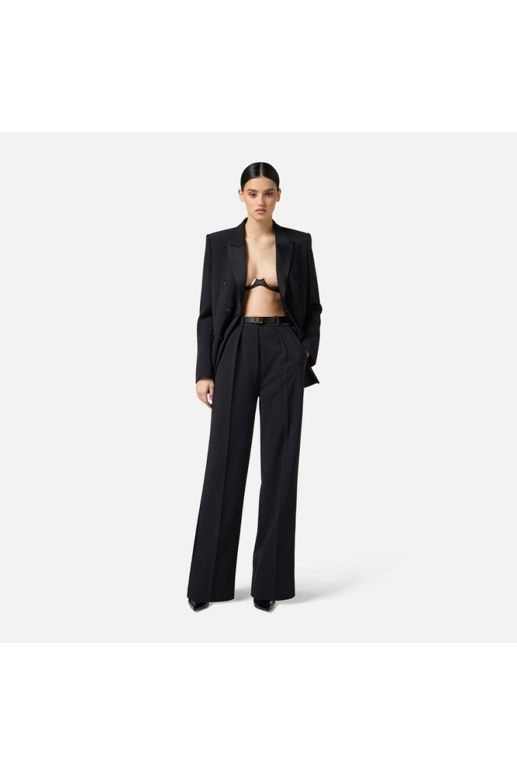 Elisabetta Franchi Black Pleated Satin Waistband Polyester-Blend Flared Pants