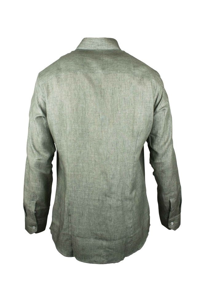 Moorer Green Khaki Linen Shirt With Mother-Of-Pearl Buttons