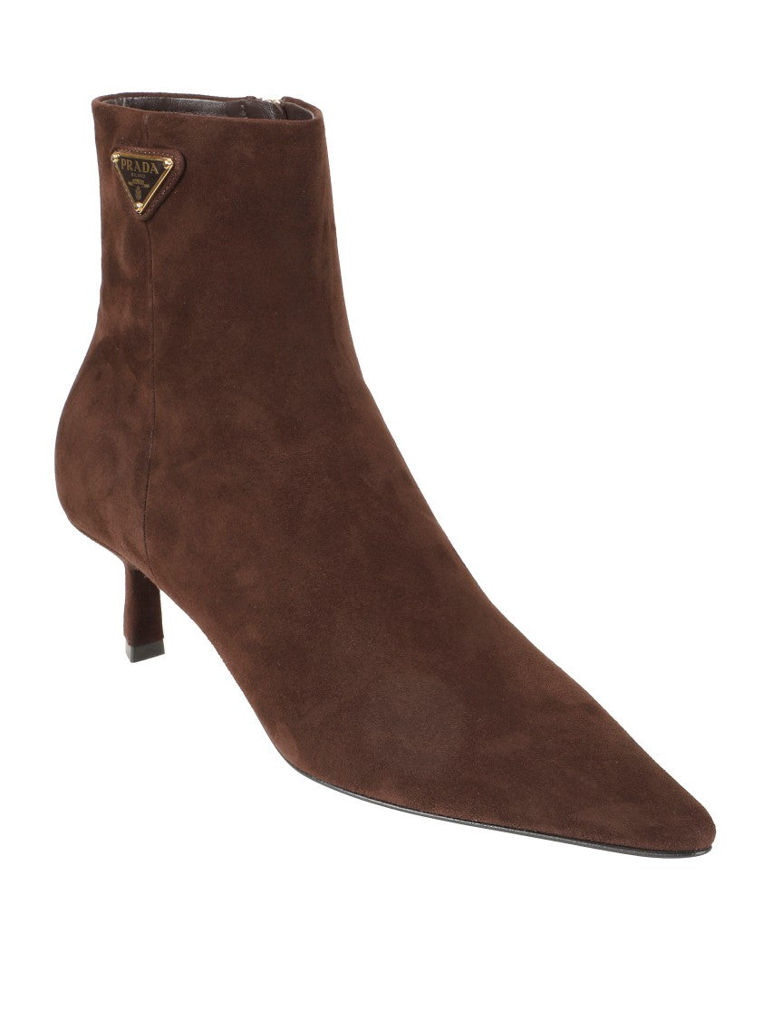 Prada Pointed Toe Suede Ankle Boots With Kitten Heel