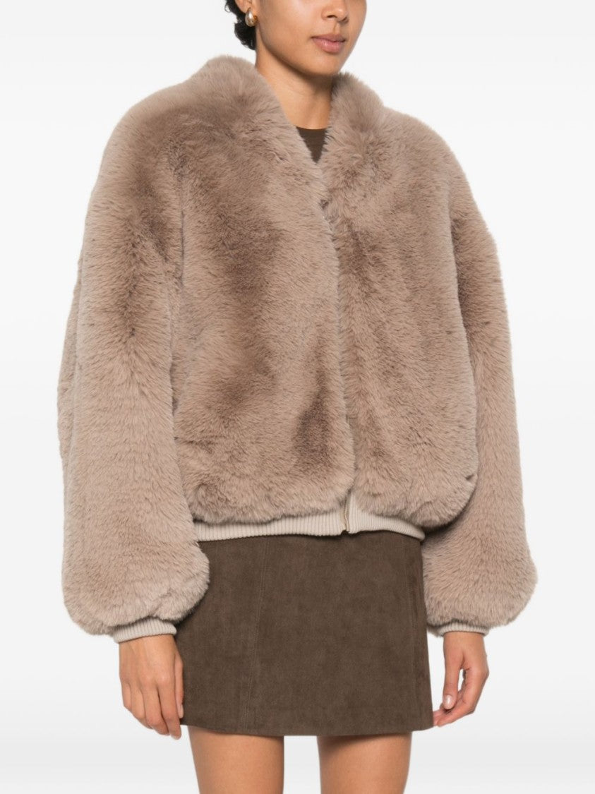 The Frankie Shop Plush Faux Fur Jacket With Balloon Sleeves And Ribbed Trims