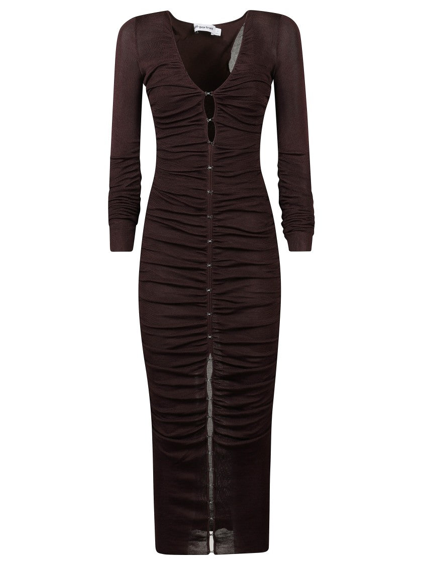Self-Portrait Ruched Brown Evening Dress With Deep V-Neckline