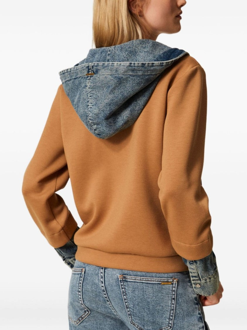 Twinset U&B Camel Mixed-Material Sweater With Denim Accents