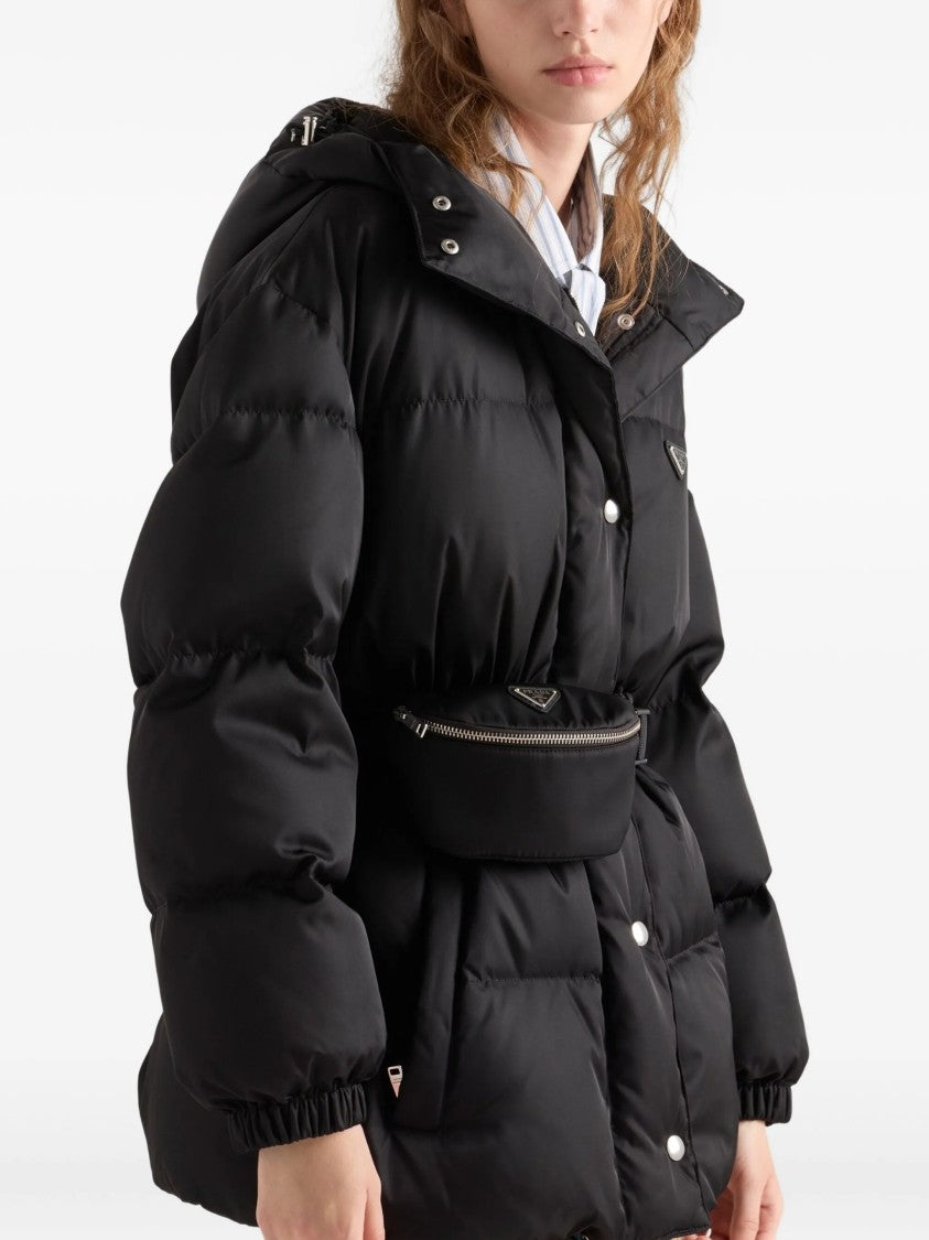 Prada Quilted Black Down Puffer Jacket With Functional Belt And Hood
