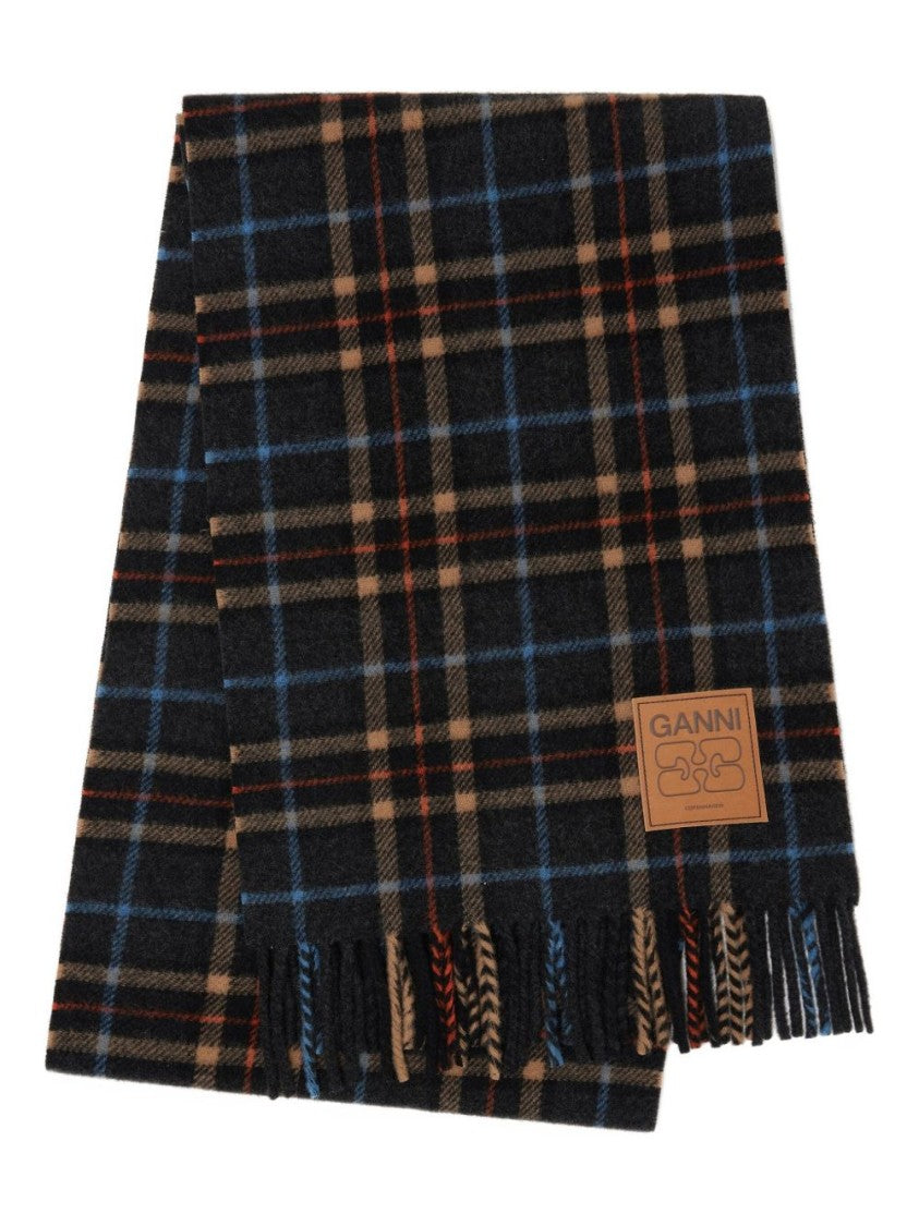 Ganni Plaid Wool Scarf With Fringed Edges