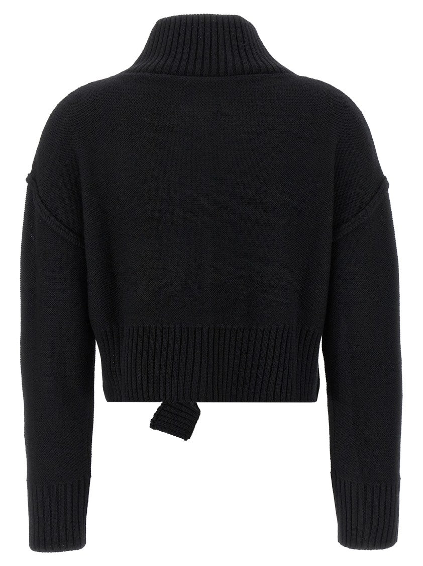 Mm6 By Maison Margiela Cropped Distressed Sweater With High Neck And Relaxed Fit