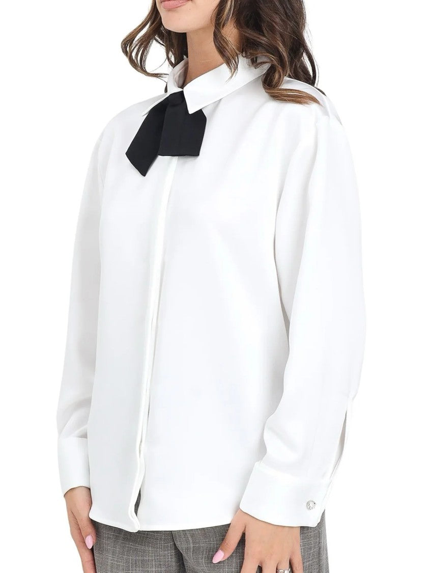 Simona Corsellini Refined White Shirt With Detachable Bow Tie And Satin Finish