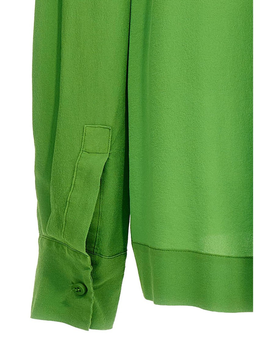 Nude Emerald Silk Blouse With Cuffed Long Sleeves