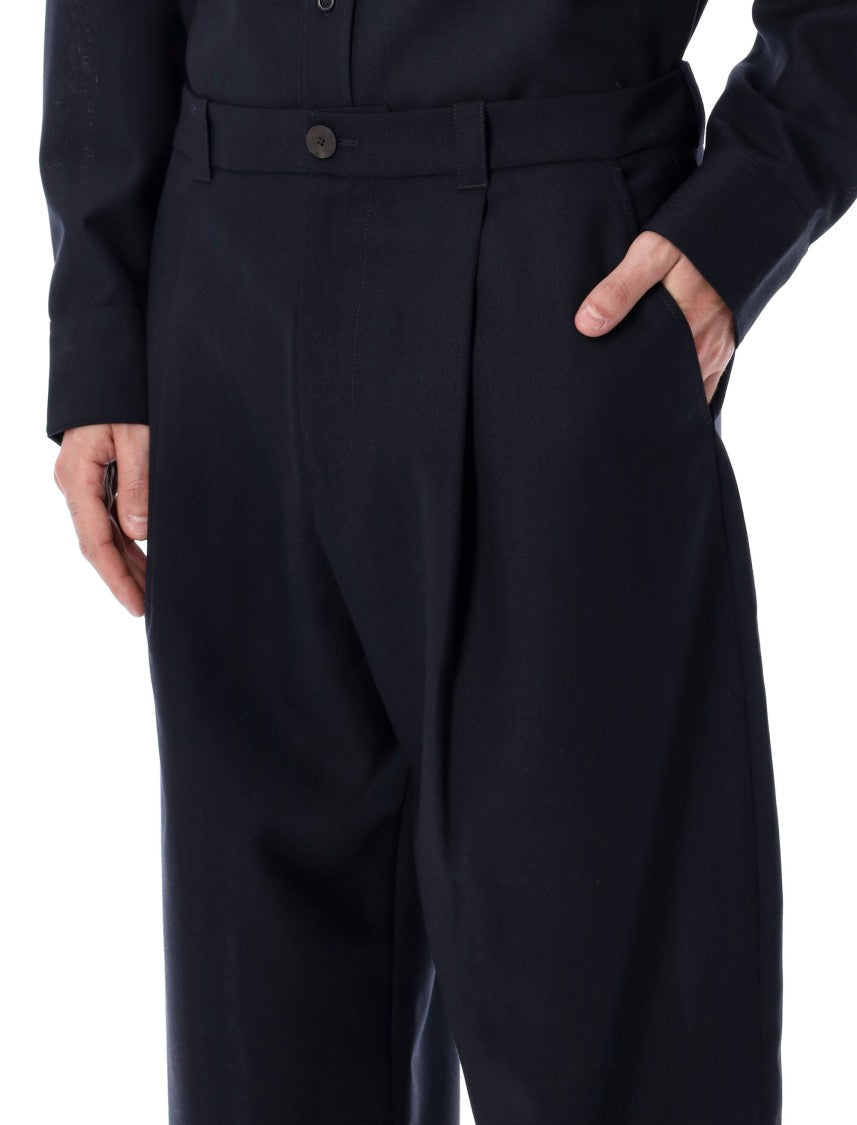 Studio Nicholson Cropped Wool Navy Tuck Trousers