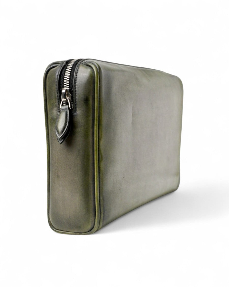 Berluti Tersio Scritto Leather Clutch With Zip Closure And Removable Wrist Strap