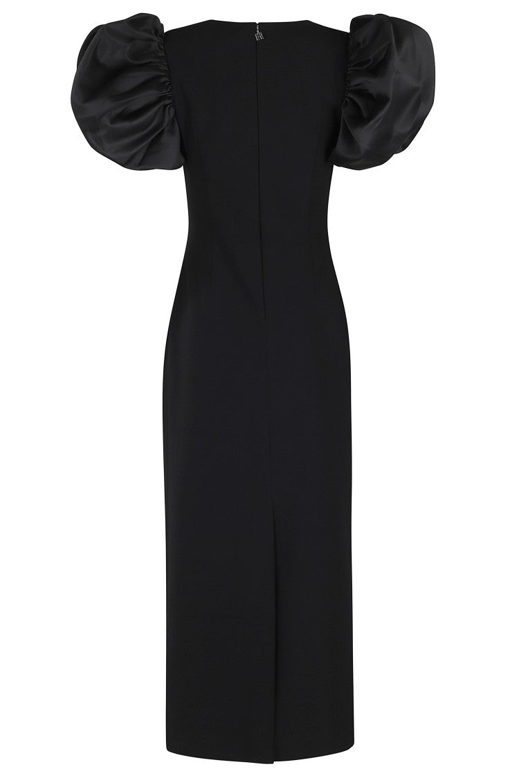 Rotate Black Draped Midi Puff Sleeve Polyester Dress