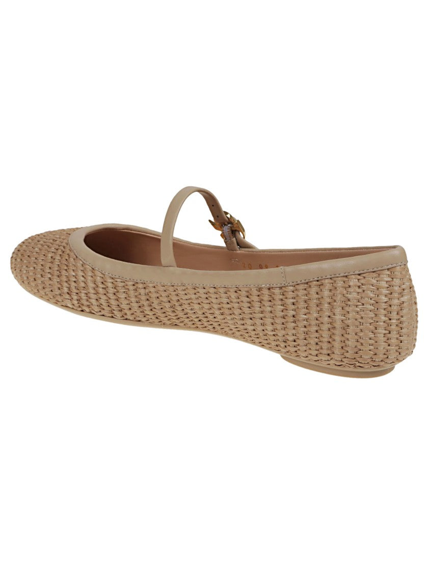Gianvito Rossi Leather And Woven Raffia Flat Ballerina