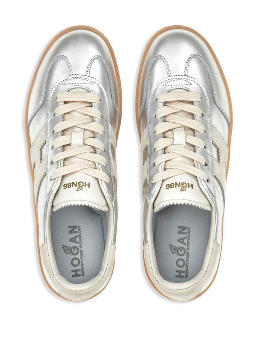 Hogan Metallic Silver Silk And Nylon Sneakers