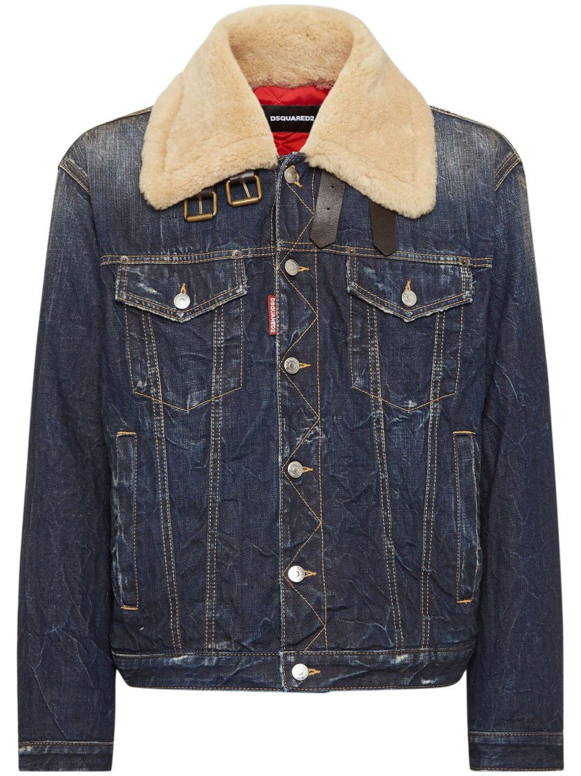 Dsquared2 Denim Aviator Jacket With Shearling Collar And Distressed Finish