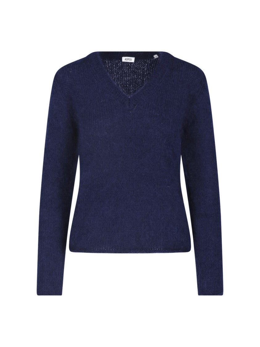 Aspesi Blue Mohair Wool V-Neck Sweater