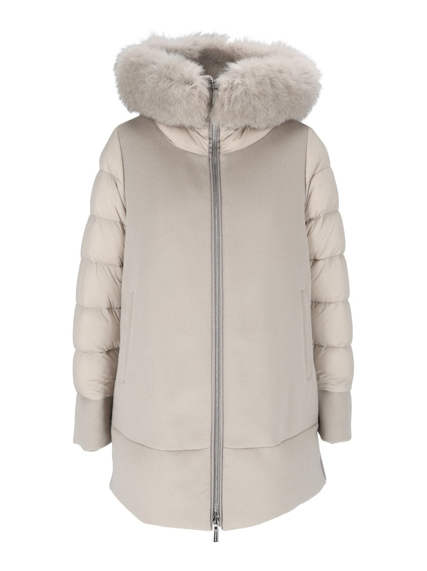 Moorer Fresia-Le Almond Quilted-Sleeve Padded Fur-Trimmed Jacket