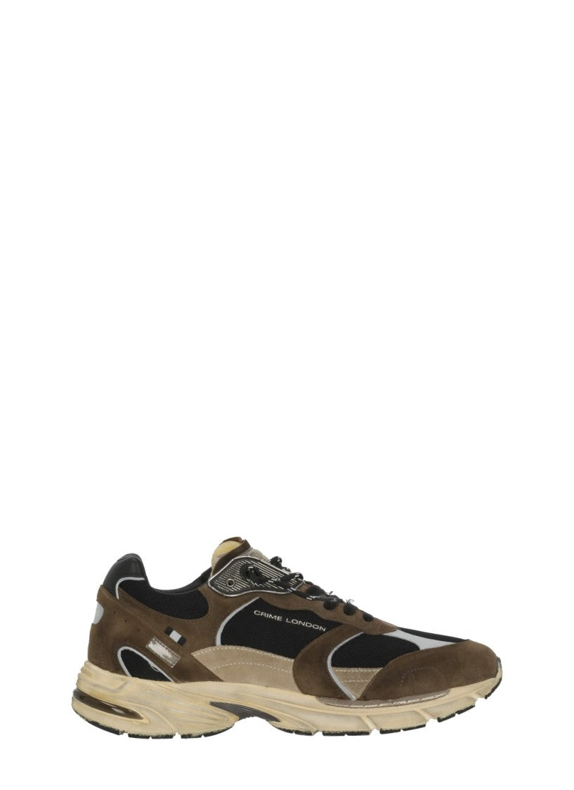 Crime London Brown Fugitive 9094 Leather Mesh Used-Effect Sneakers