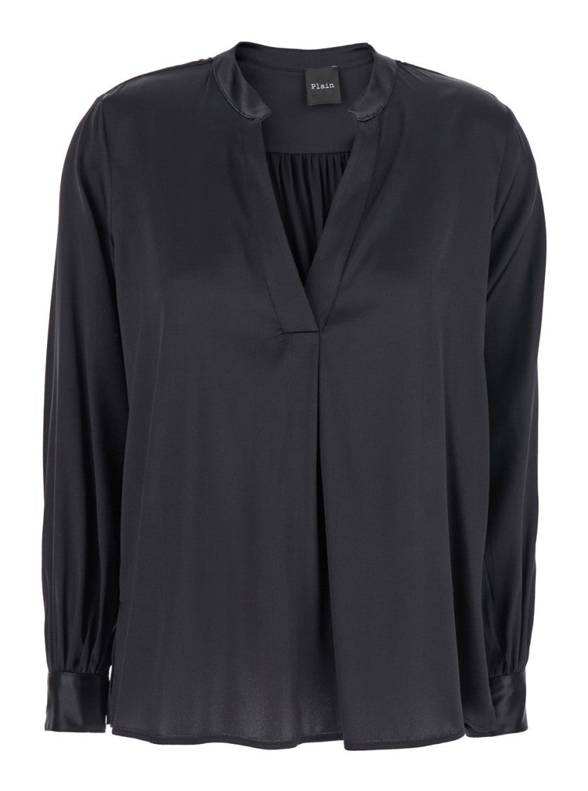 Plain Black Blouse With V Neck