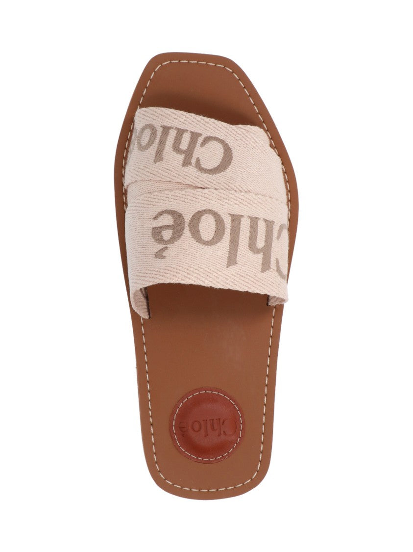 Chloé Beige Woody Printed Linen Sandals
