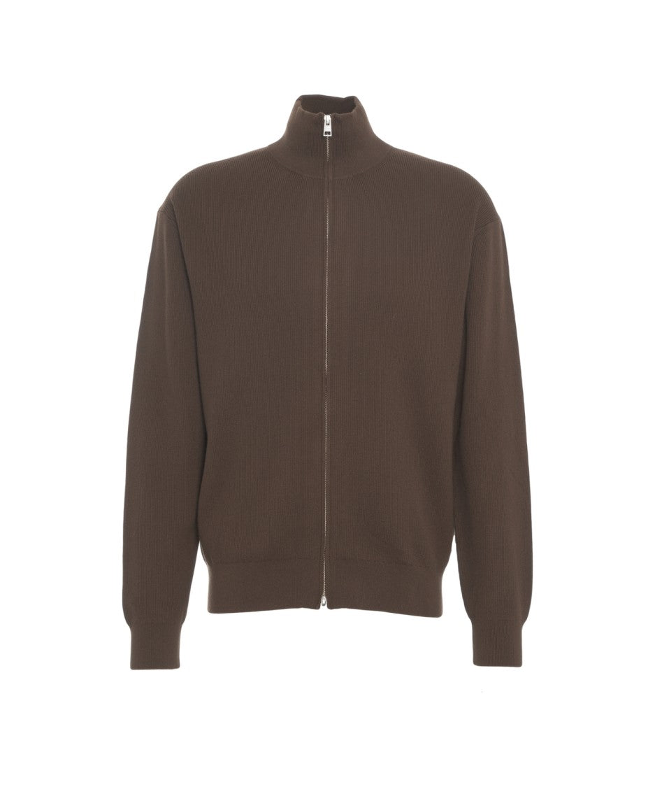 Closed High Collar Zip-Front Cardigan With Ribbed Details