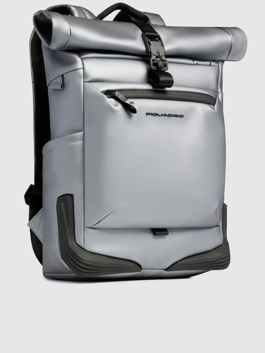 Piquadro Grey Zaino Roll-Top Tessuto Structured Backpack