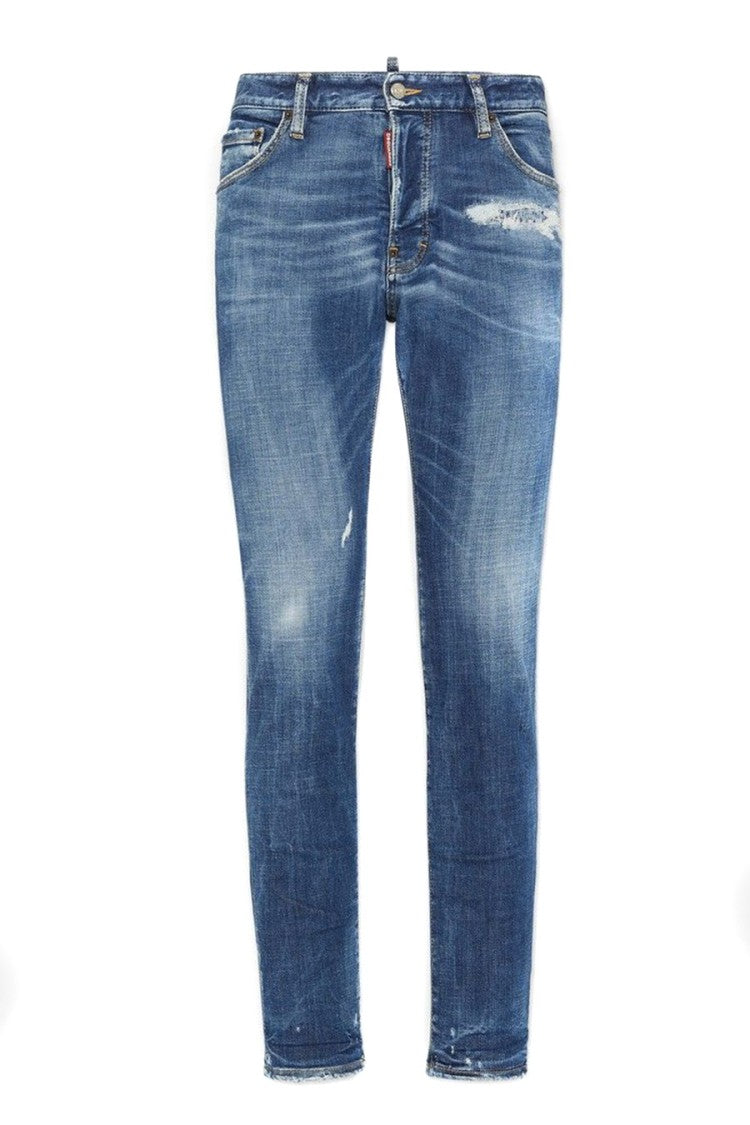Dsquared2 Blue Whiskered Distressed Cotton-Blend Slim-Fit Jeans