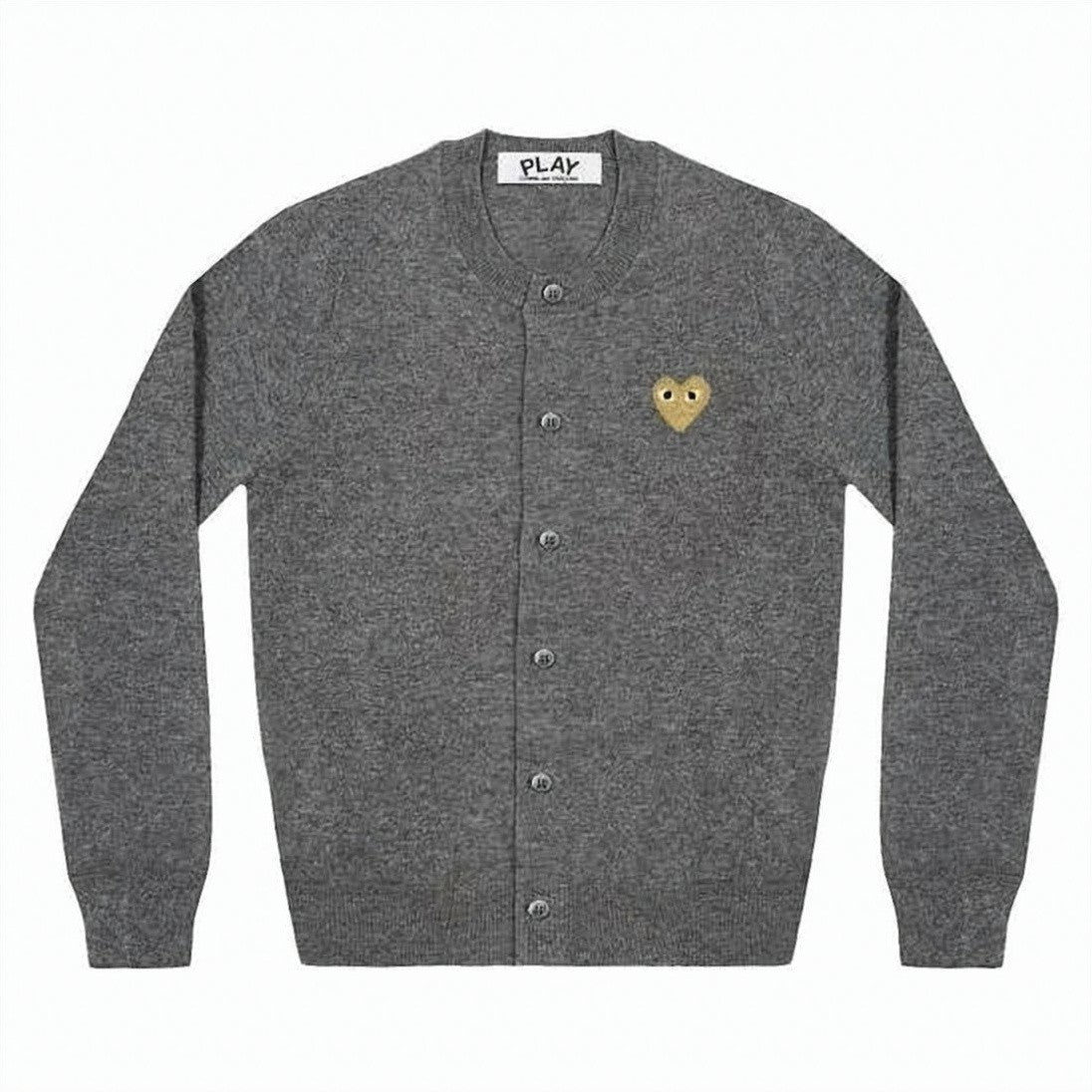 Comme Des Garçons Button-Up Grey Wool Cardigan With Signature Heart Emblem