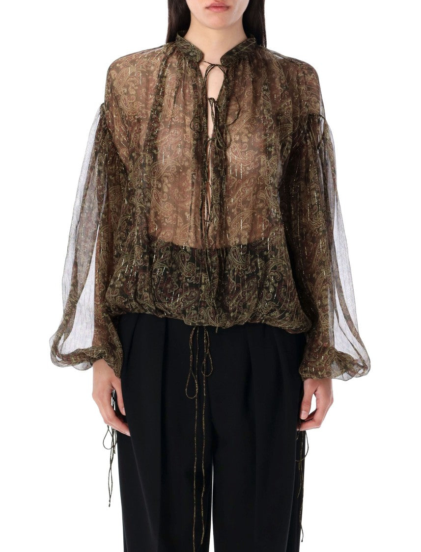 Saint Laurent Semi-Sheer Cashmere Print Blouse With Band Collar