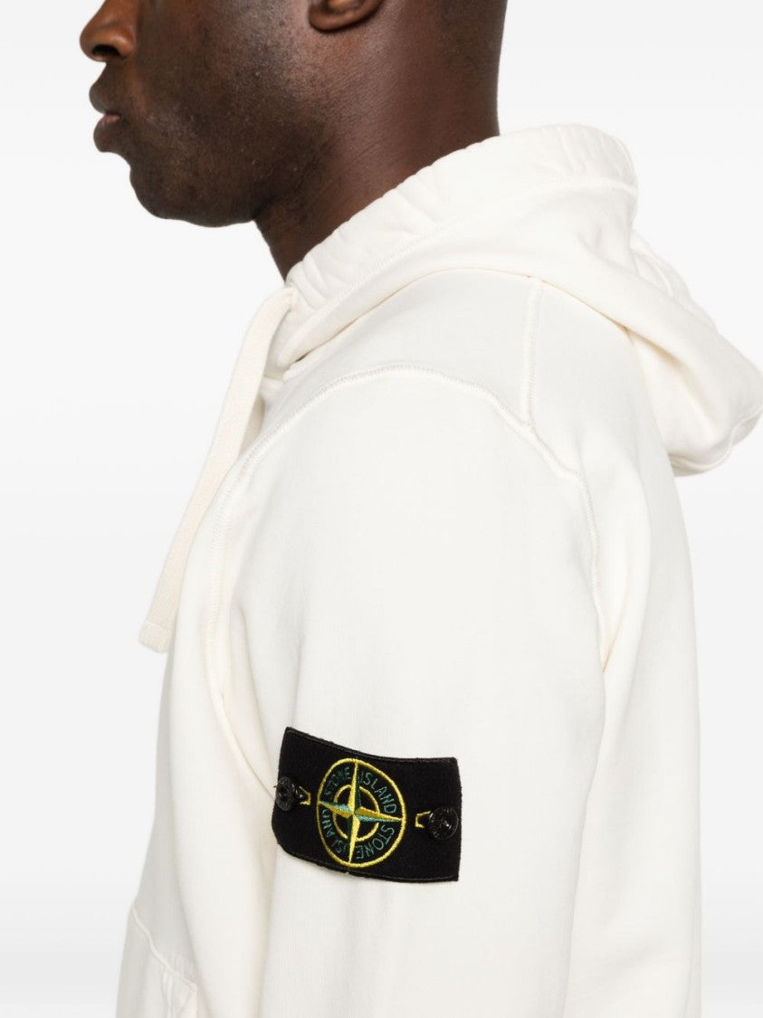 Stone Island Ivory Cotton Sweatshirt With Drawstring Hood And Iconic Patch