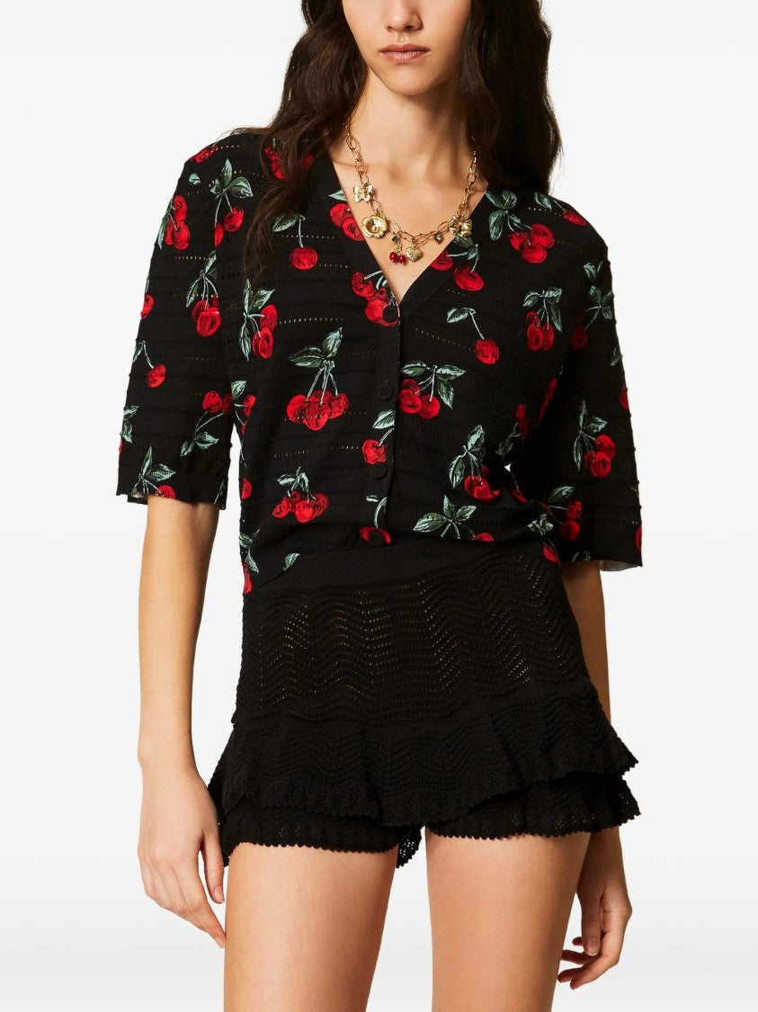 Twin-Set Black Top Cropped Cherry Print Top