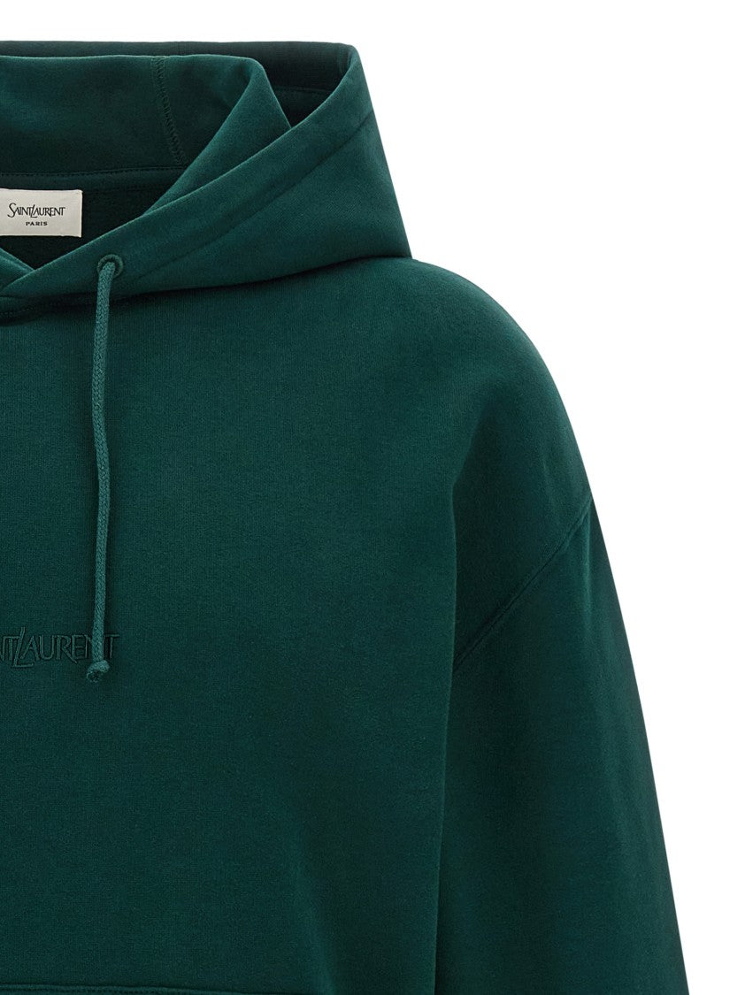 Saint Laurent Deep Green Fleece Cotton Hoodie With Tonal Embroidery