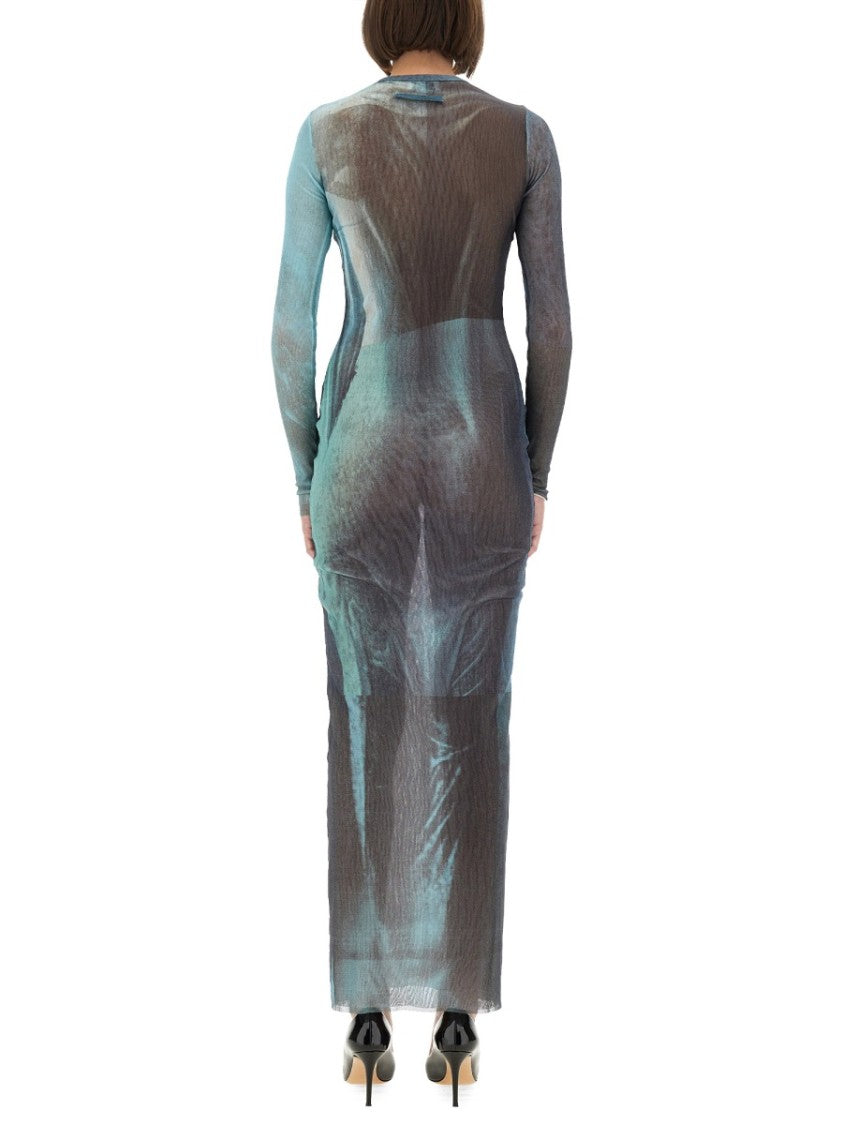 Jean Paul Gaultier Slim Fit Mesh Long Dress With Abstract Patterns
