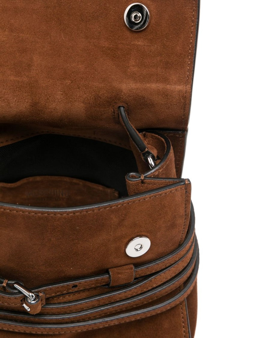 Moschino Structured Brown Suede Top Handle Shoulder Bag With Buckle Detail