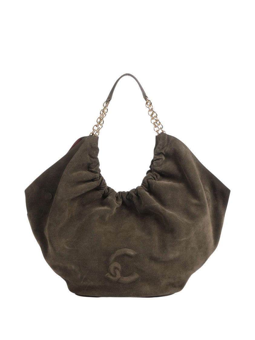 Coccinelle Ruched Brown Suede Shoulder Bag With Gold-Colored Accents
